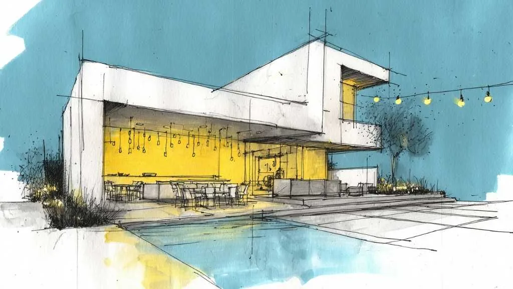 Szkic nowoczesnego domu zaplanowanego przez AI, z przeszkloną elewacją, minimalistyczną bryłą i basenem w otoczeniu ogrodu.